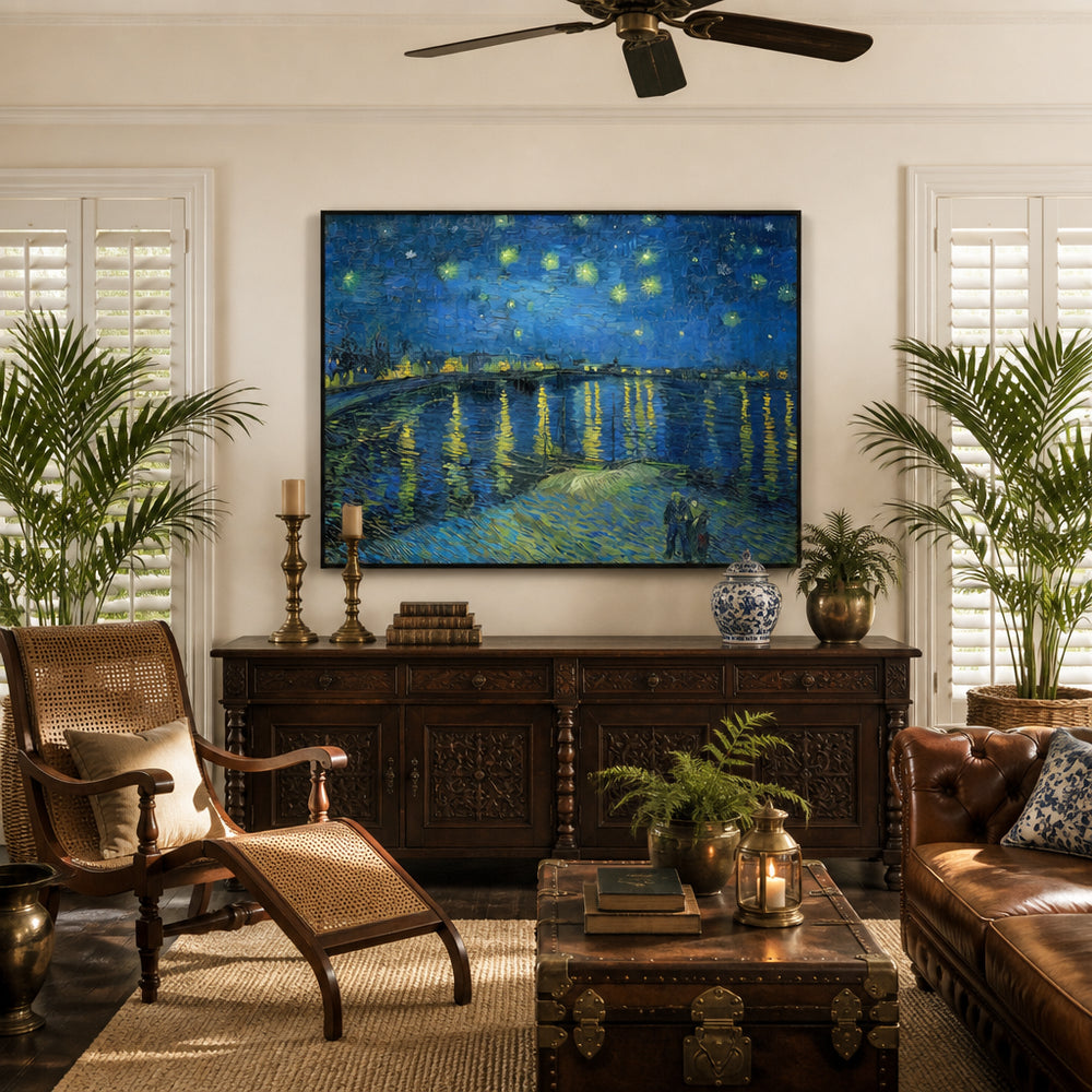 Room mockup featuring Starry Night Over The Rhone Van Gogh Luminous Stars Above River Reflections Art Print