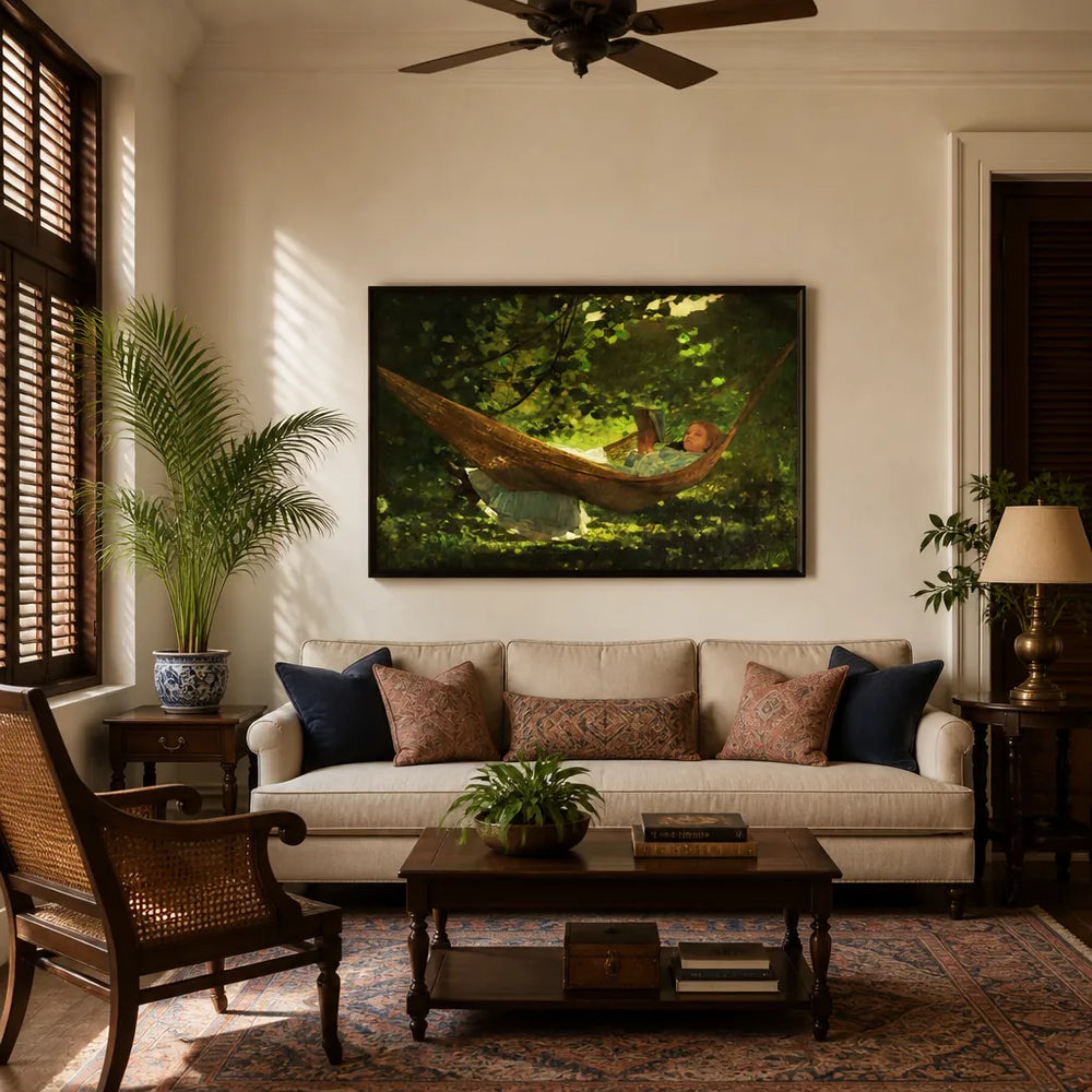 Room mockup featuring Sunlight & Shadow by Winslow Homer Art Print