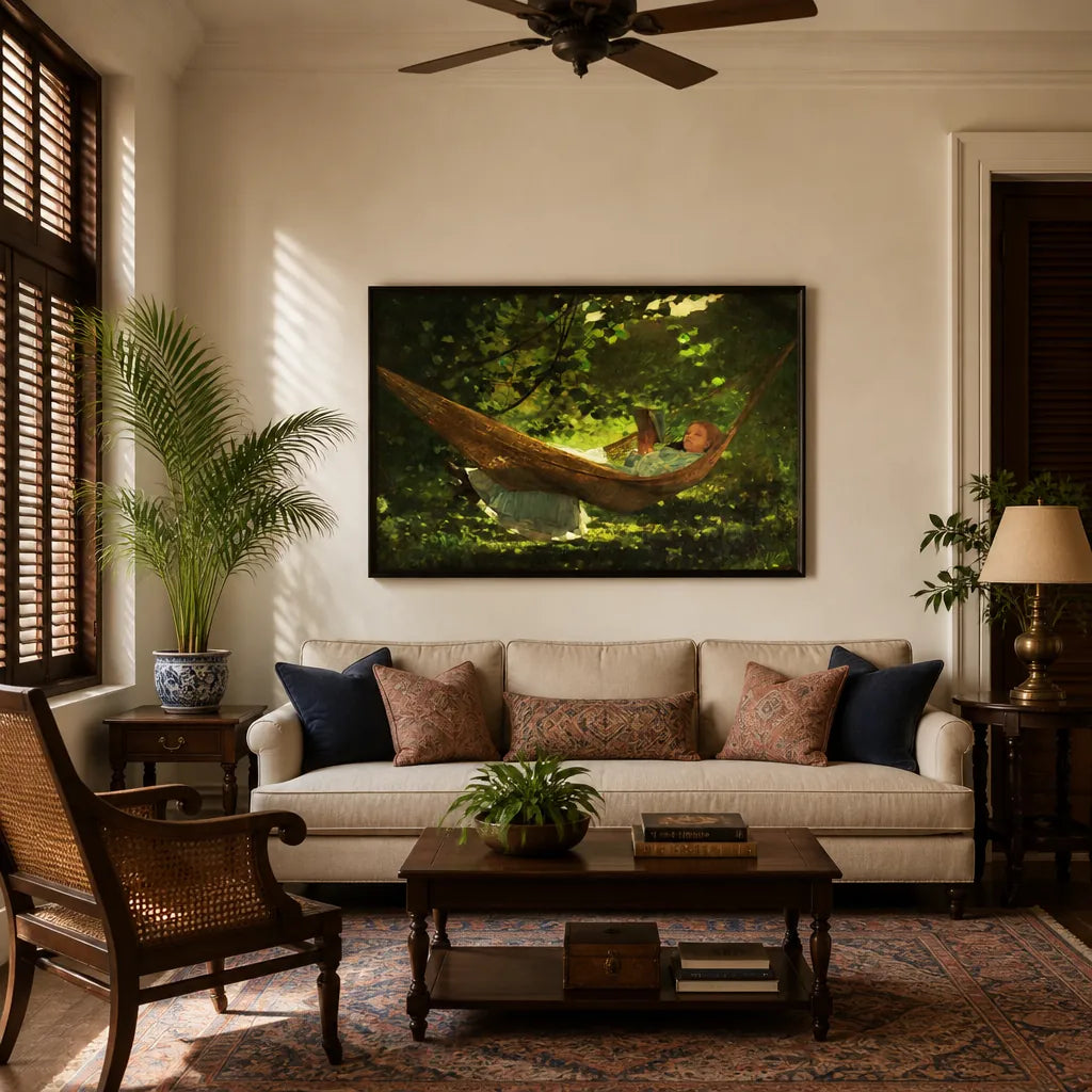 Room mockup featuring Sunlight & Shadow by Winslow Homer Art Print