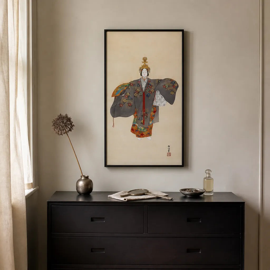 Traditional Japanese Woman Art Print shown in a styled room