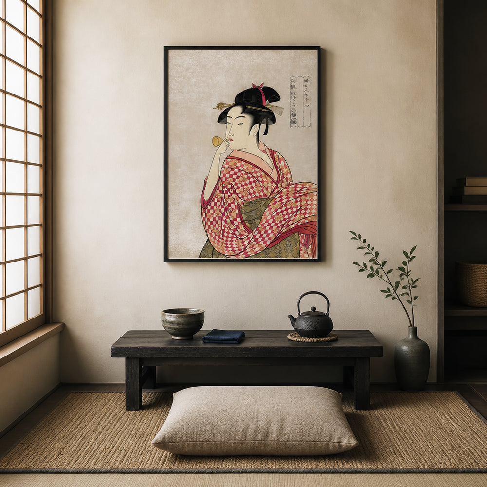 Room mockup featuring Japanese Woman Blowing a Glass Pipe Art Print