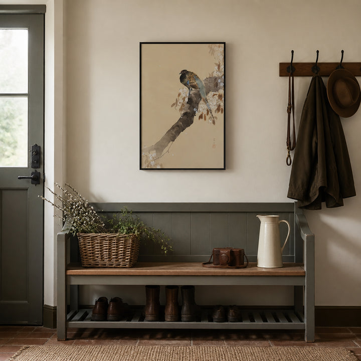 Room mockup featuring Pheasant on Cherry Blossom Branch Art Print