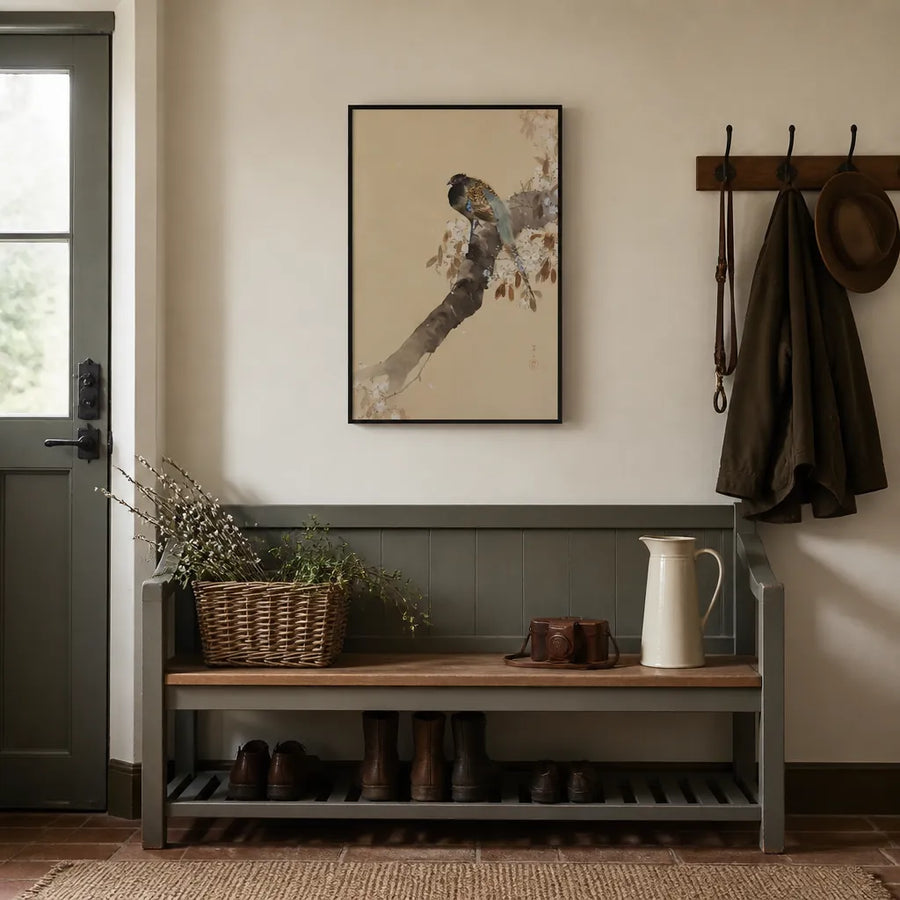 Pheasant on Cherry Blossom Branch Art Print in a room setting