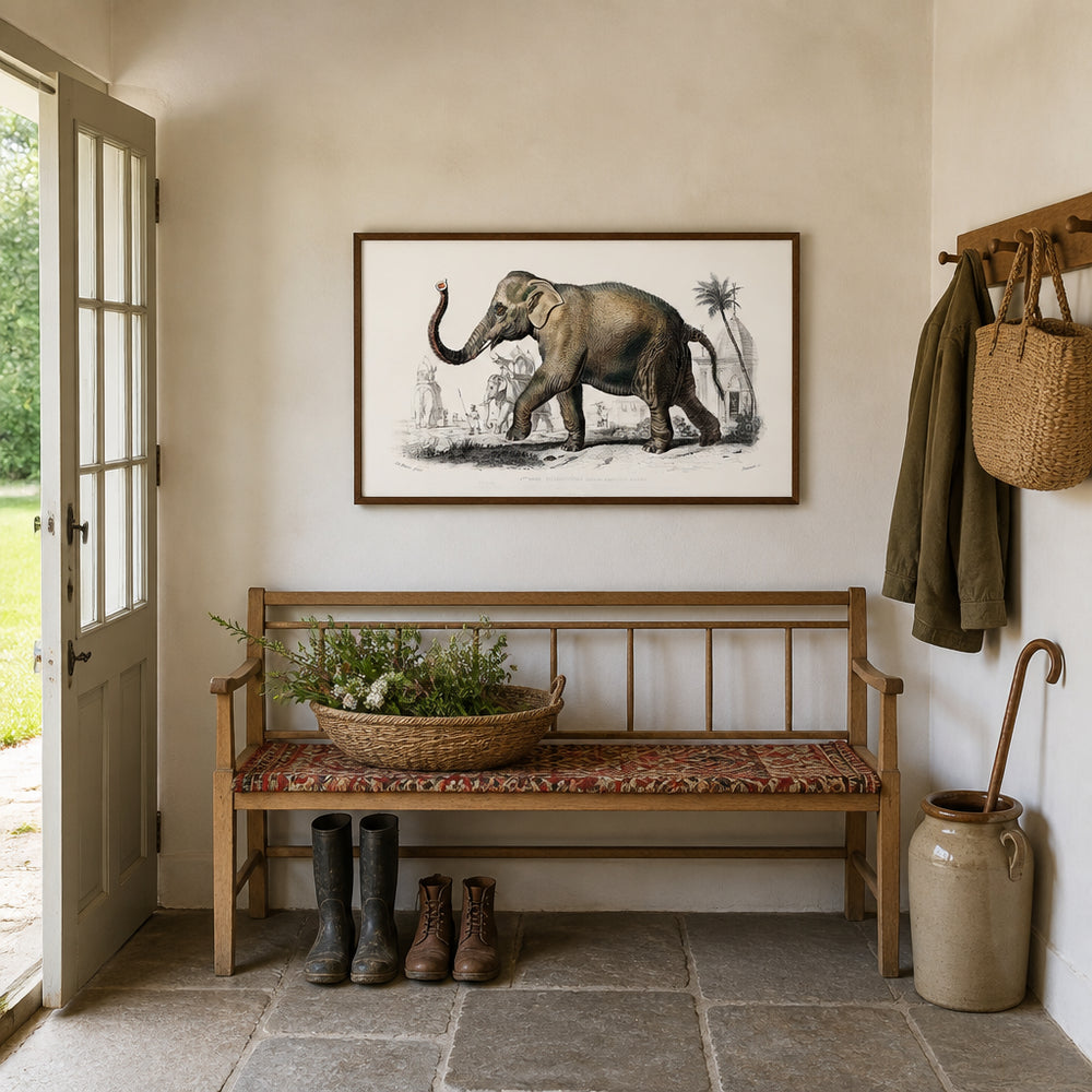 Room mockup featuring Vintage Asiatic Elephant Illustration Art Print