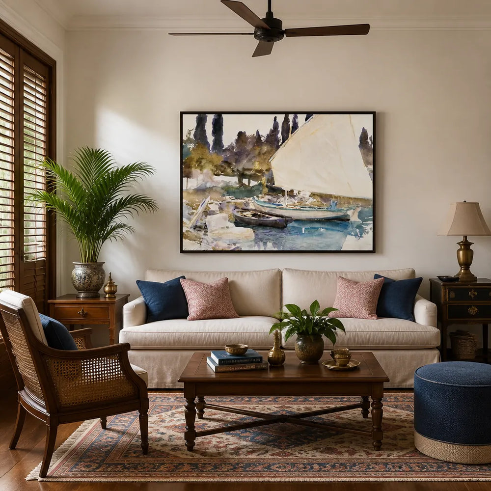 Room mockup featuring Boats by John Singer Sargent Vintage Art Print