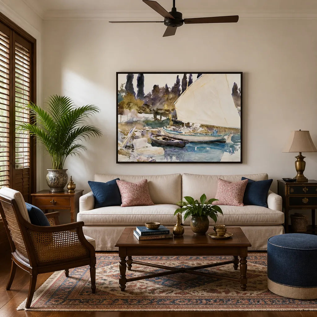 Room mockup featuring Boats by John Singer Sargent Vintage Art Print