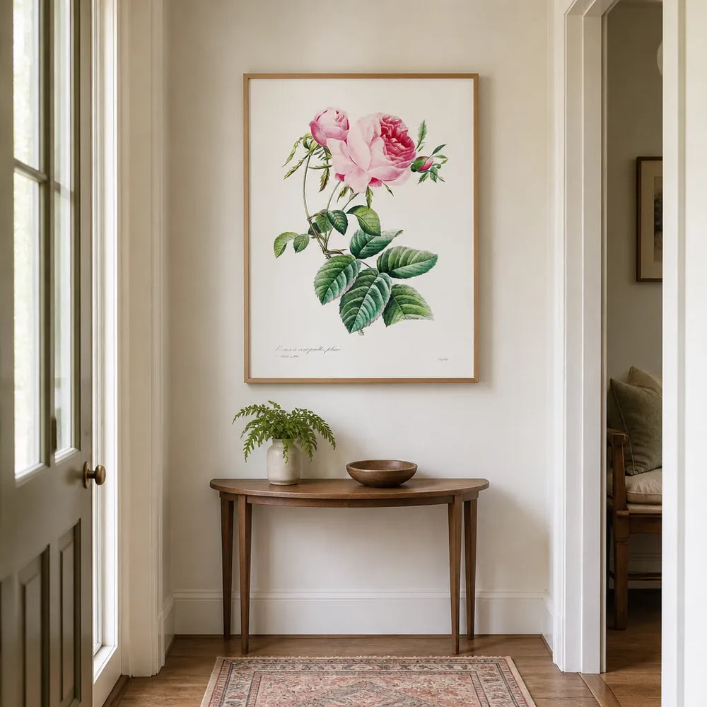 Room mockup featuring Pink Cabbage Rose Vintage Art Print