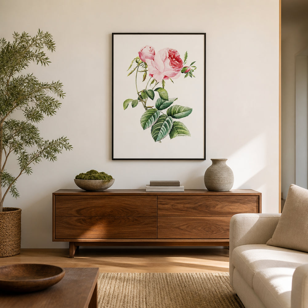 Room mockup featuring Pink Cabbage Rose Vintage Art Print