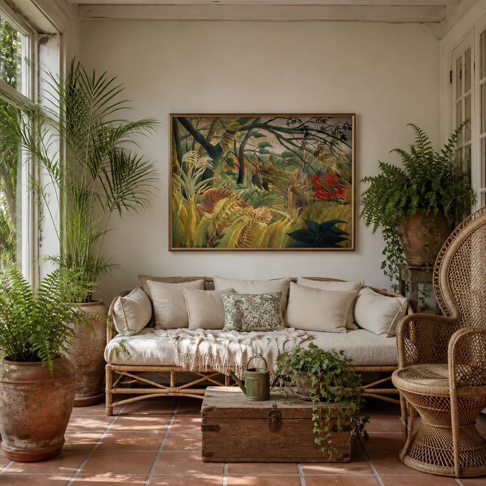 Room mockup featuring Tiger in a Tropical Storm Art Print