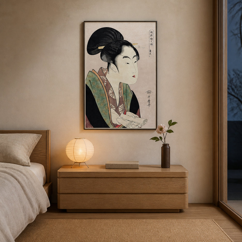 Room mockup featuring Yogoto ni au Koi by Utamaro Kitagawa Japanese Art Print