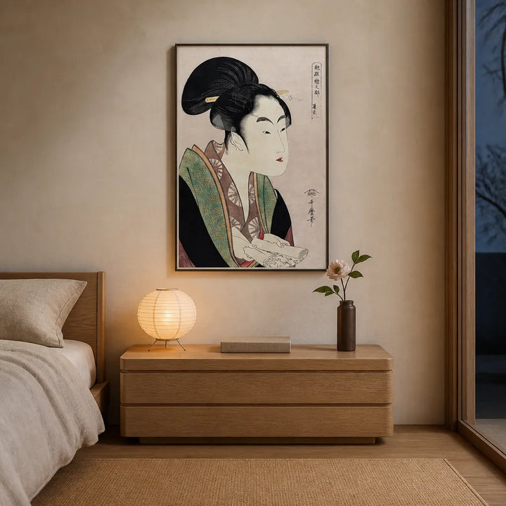 Room mockup featuring Yogoto ni au Koi by Utamaro Kitagawa Japanese Art Print