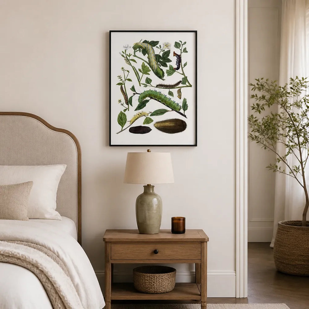 Room mockup featuring Pair of Caterpillar, Leaf & Flower Art Prints
