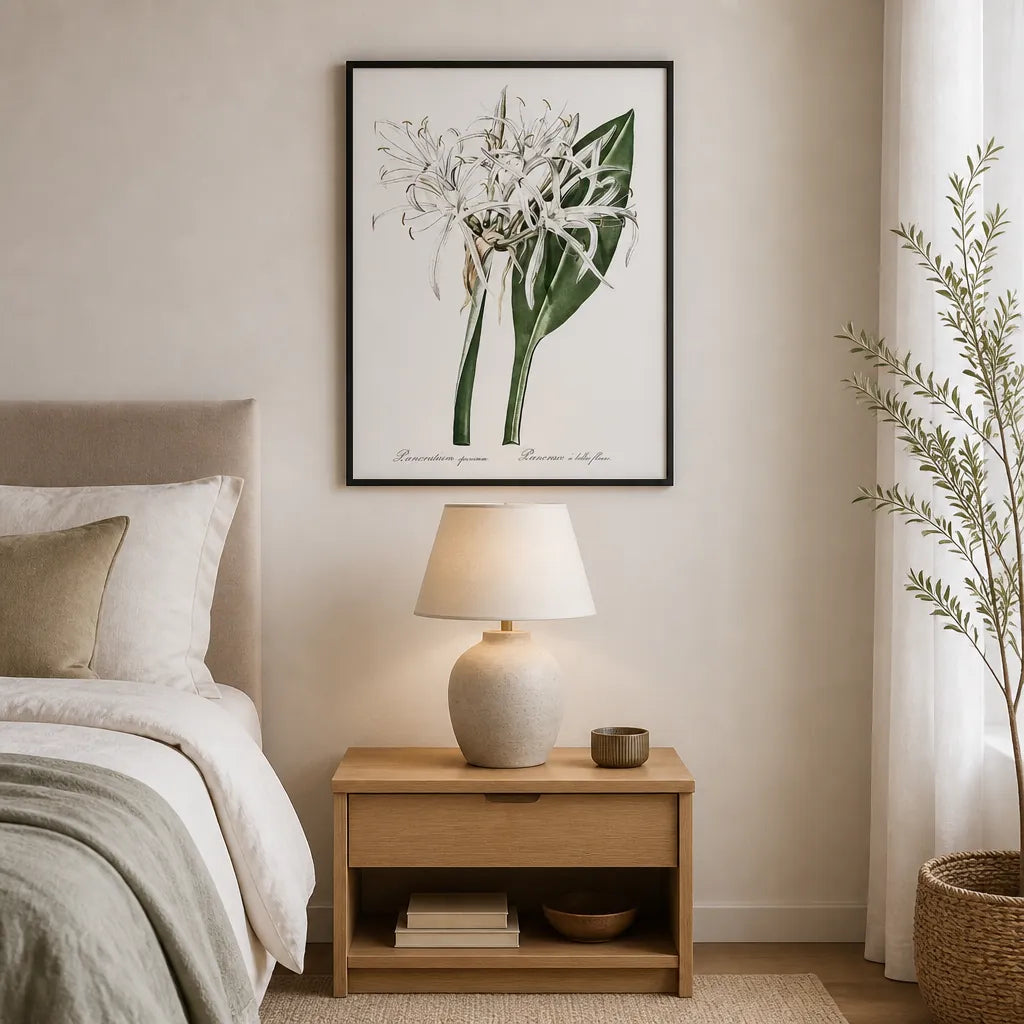 Room mockup featuring Green Tinged Spider Lily Flower Art Print