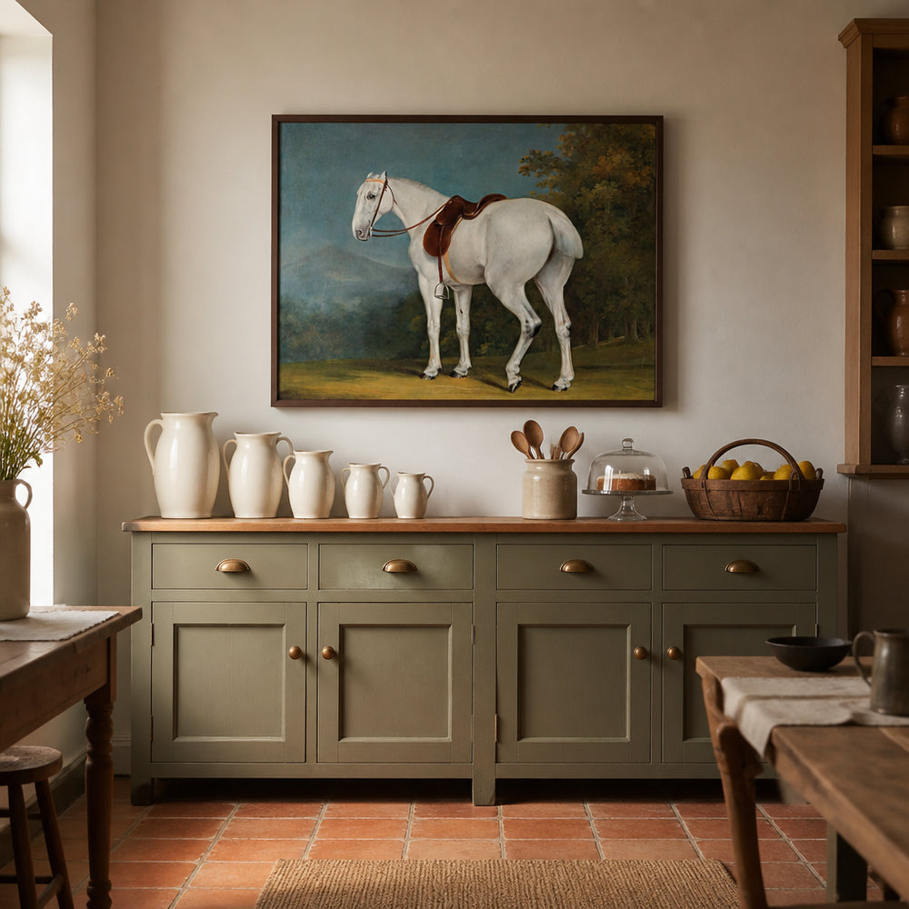 Room mockup featuring A Lady's Grey Hunter Vintage Horse Art Print