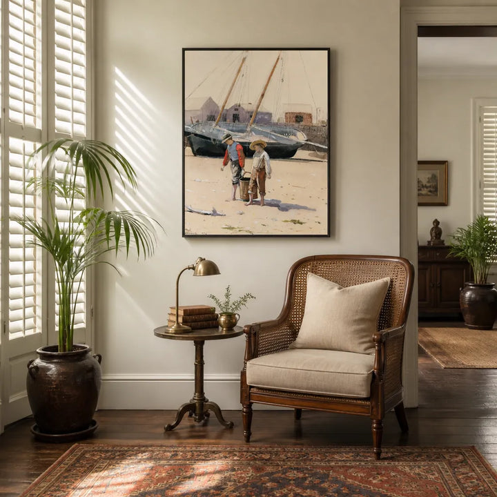 Room mockup featuring Boys with a Basket of Clams Coastal Art Print