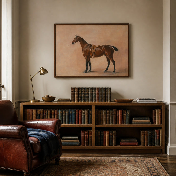 Room mockup featuring A Saddled Bay Hunter Vintage Horse Art Print