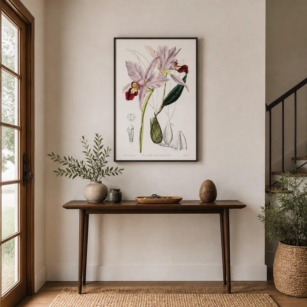Room mockup featuring Bordered Dwarf Cattleya Vintage Flower Art Print