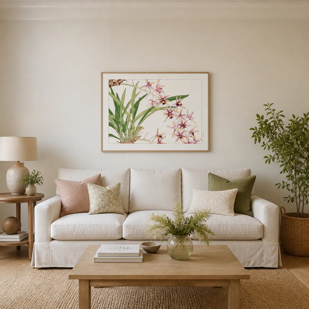 Room mockup featuring Cymbidium Orchid Japanese Woodblock Art Print