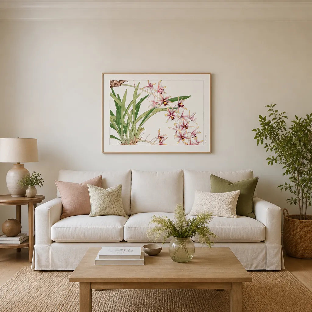 Room mockup featuring Cymbidium Orchid Japanese Woodblock Art Print