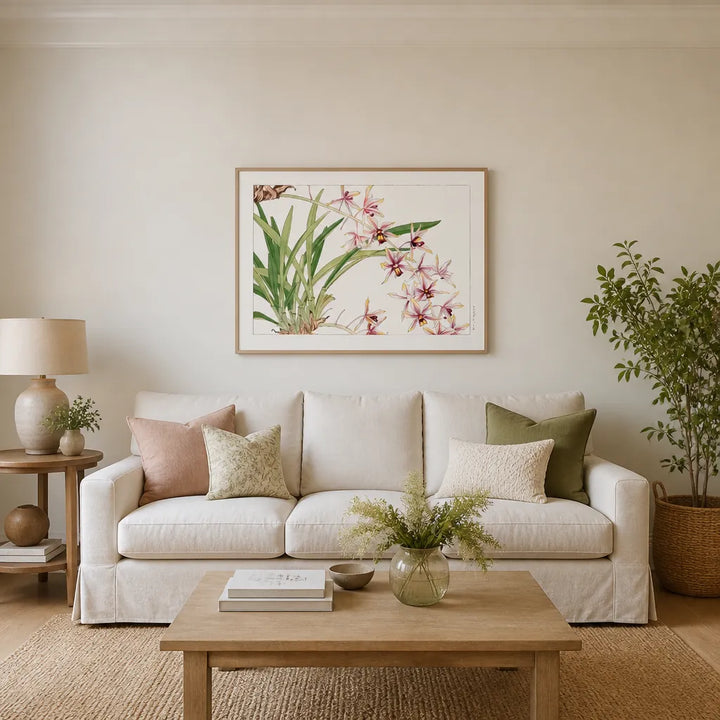 Room mockup featuring Cymbidium Orchid Japanese Woodblock Art Print