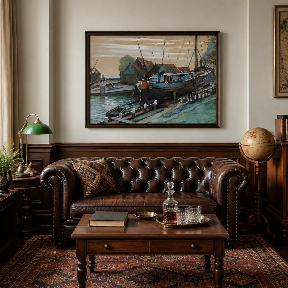 Room mockup featuring Drydock at Durgendam Coastal Art Print