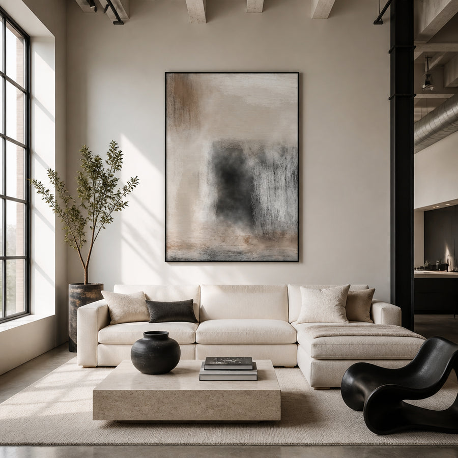 Charcoal & Beige Abstract Art Print 1 in a room setting