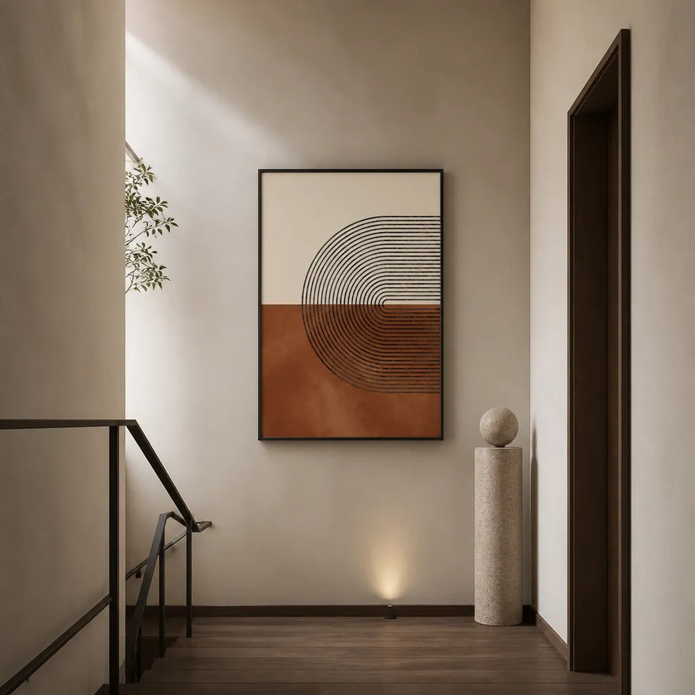 Room mockup featuring Terracotta & Black Mid-Century Modern Print 1