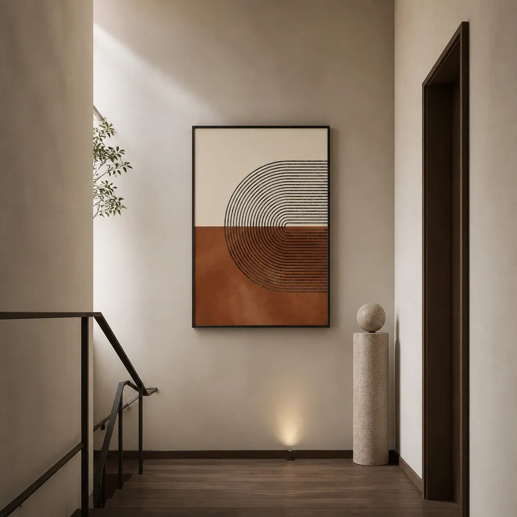 Room mockup featuring Terracotta & Black Mid-Century Modern Print 1