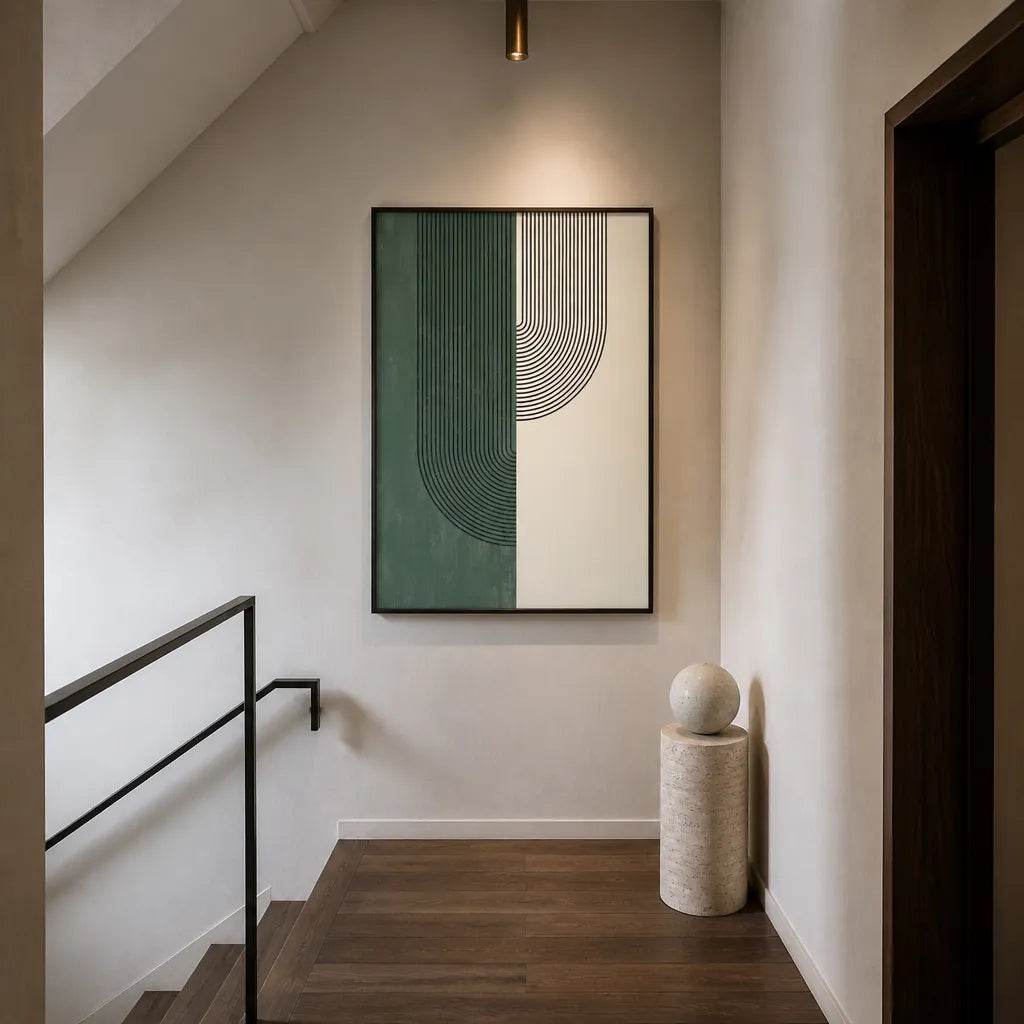 Sage Green Geometric Mid-Century Abstract Art Print 1 shown in a styled room