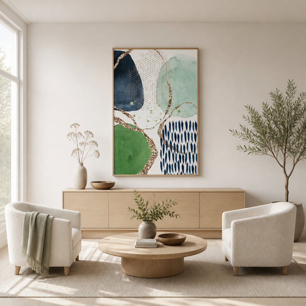 Room mockup featuring Colour Splash Green, Blue & Black Abstract Art Print 1