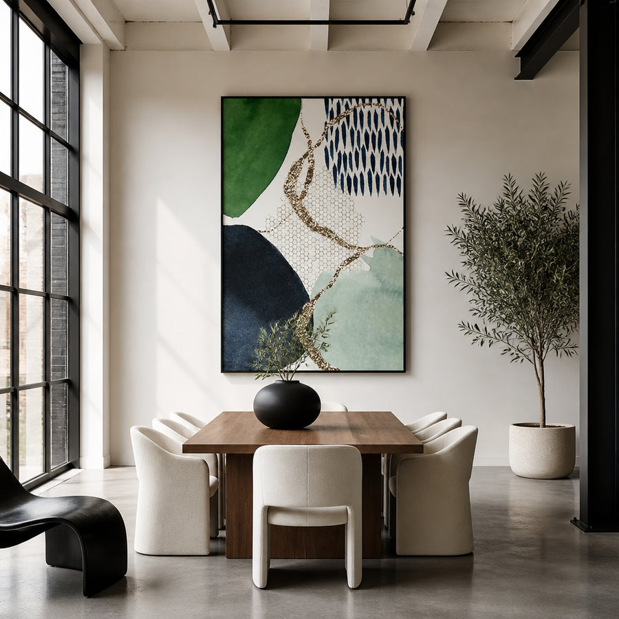 Colour Splash Green, Blue & Black Abstract Art Print 3 in a room setting