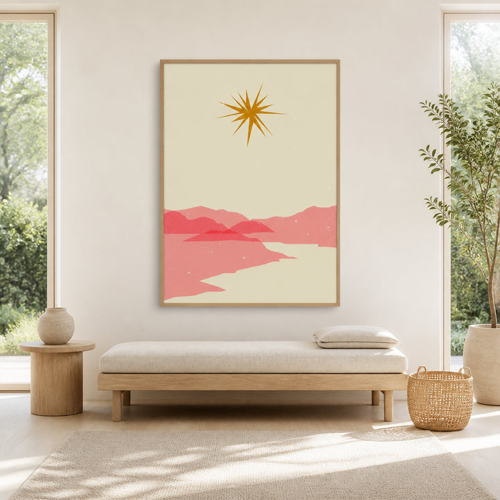 Room mockup featuring Sunny Boho Landscape in Blush Pink & Terracotta Art Print