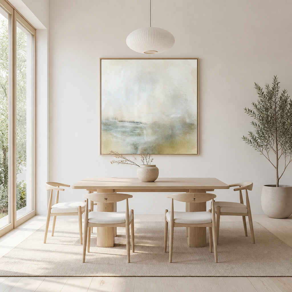 Room mockup featuring Golden Abstract Misty Landscape With Horizontal Water Art Print