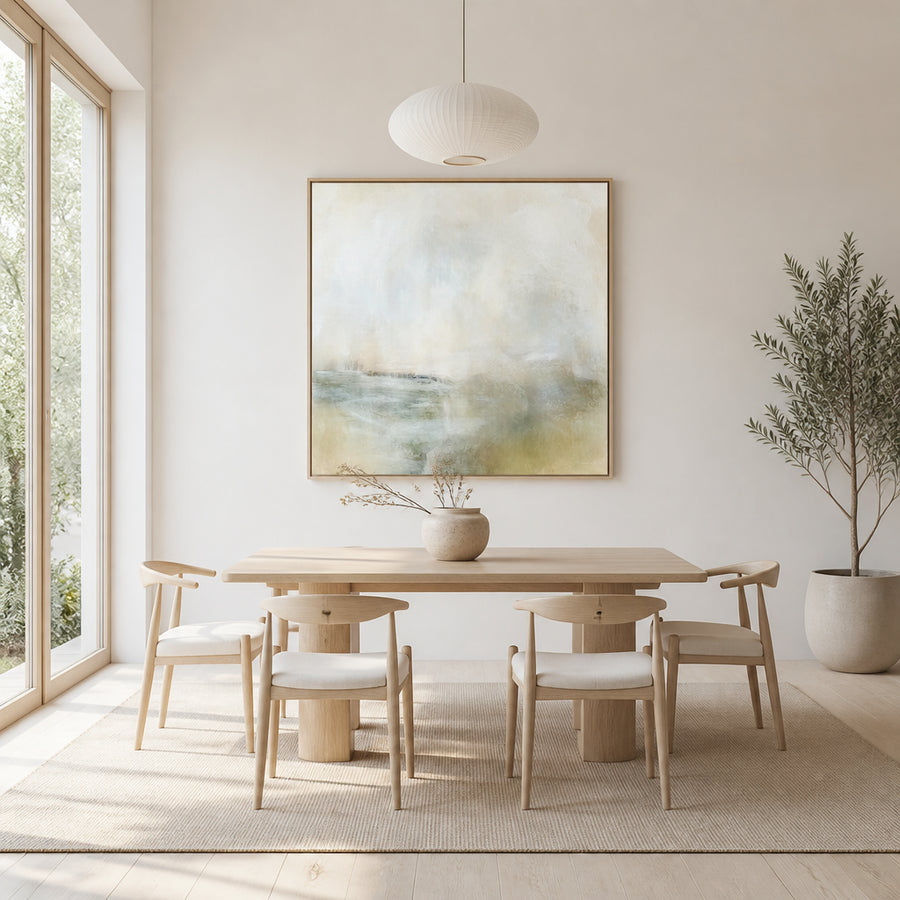 Golden Abstract Misty Landscape With Horizontal Water Art Print in a room setting