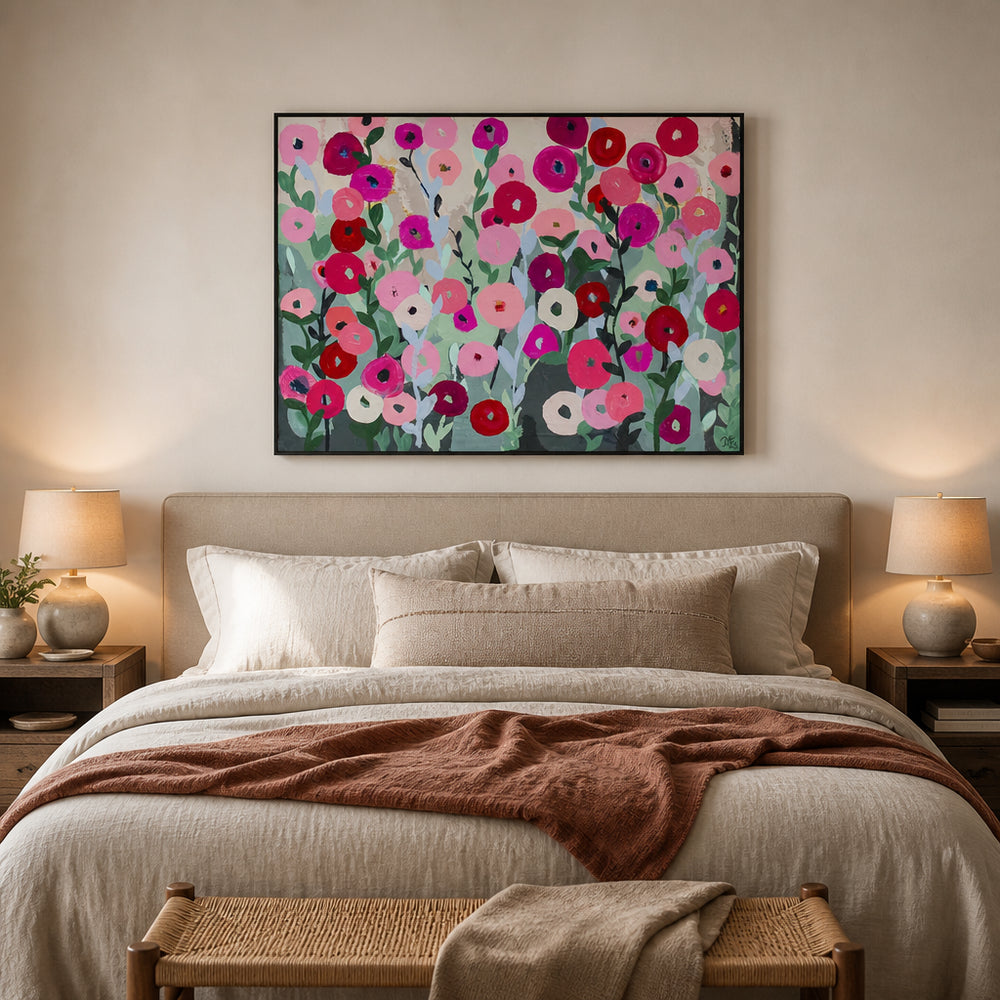 Room mockup featuring Flowers in Pink, Purple & Blush Abstract Art Print