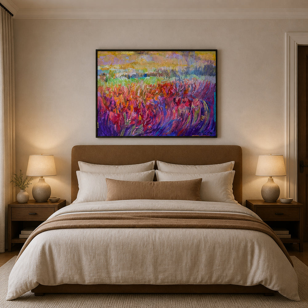 Room mockup featuring Pink & Purple Iris Fields Abstract Art Print