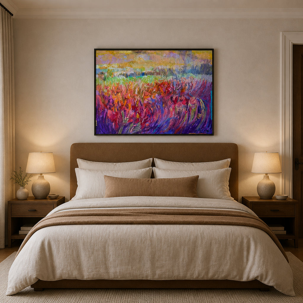 Room mockup featuring Pink & Purple Iris Fields Abstract Art Print