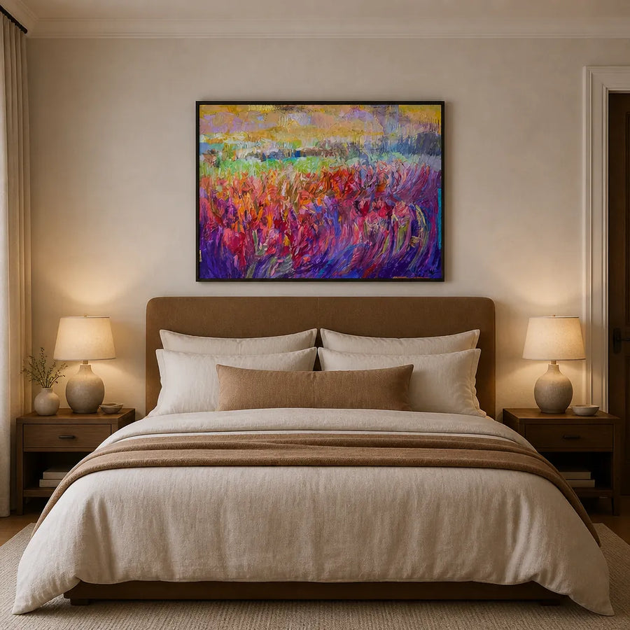 Pink & Purple Iris Fields Abstract Art Print in a room setting