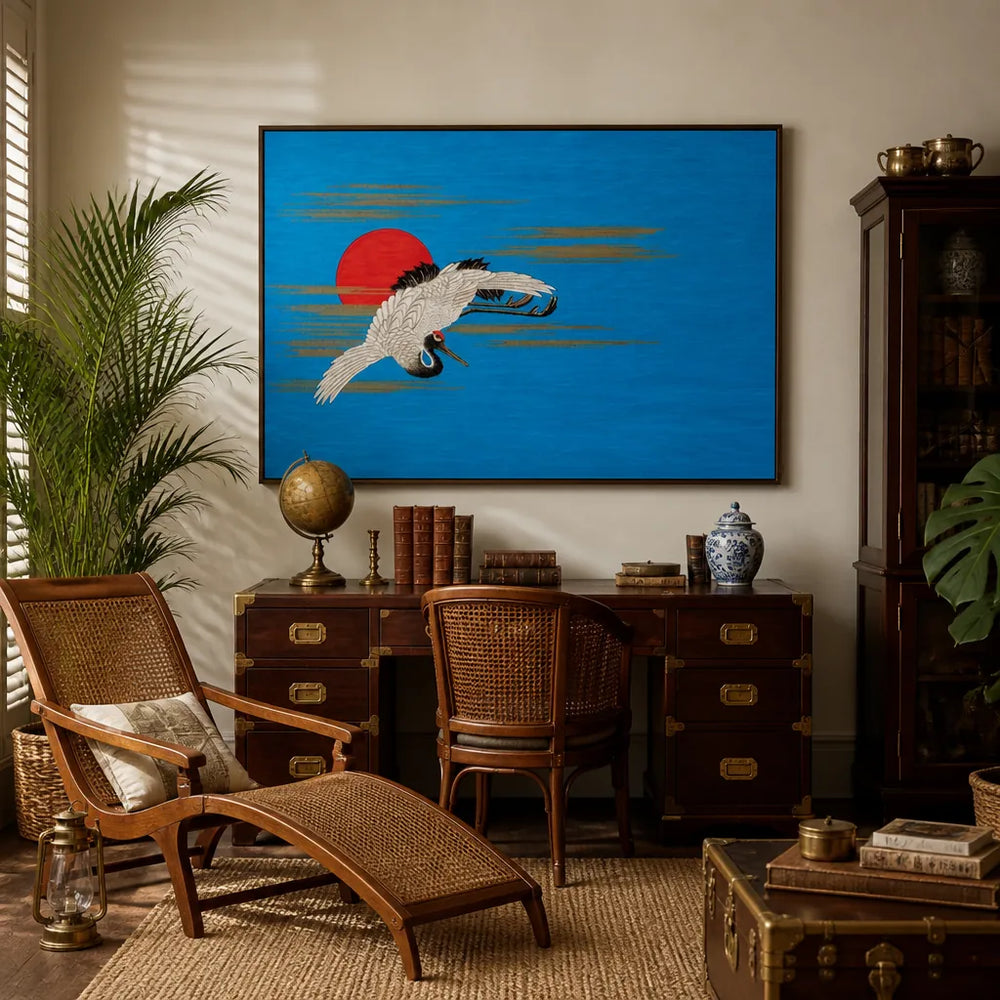 Room mockup featuring Flying Sarus Crane Japanese Art Print
