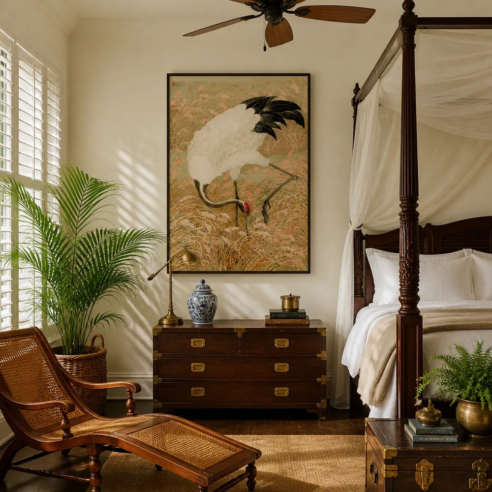 Room mockup featuring Sarus Crane in Rice Field Japanese Art Print