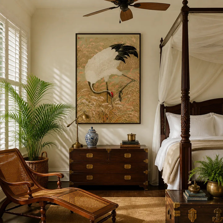 Room mockup featuring Sarus Crane in Rice Field Japanese Art Print