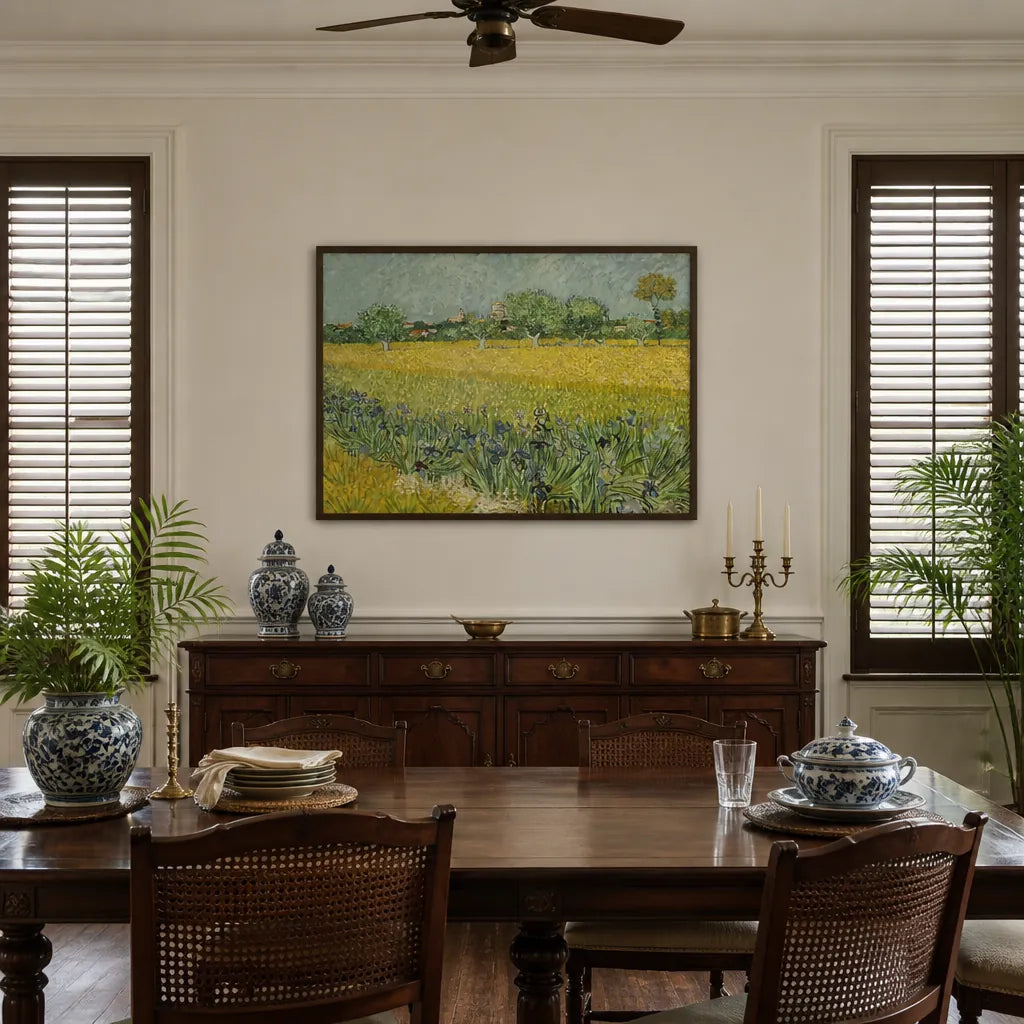 Room mockup featuring Arles in Bloom by Vincent Van Gogh Vintage Art Print