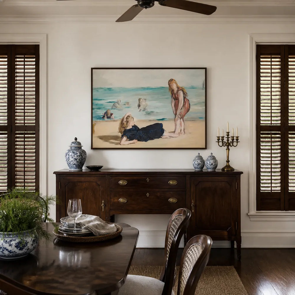 Room mockup featuring On the Beach by Monet Art Print