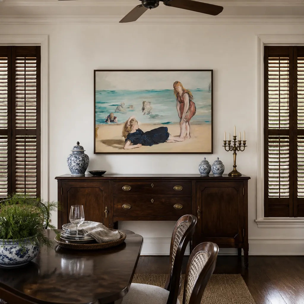Room mockup featuring On the Beach by Monet Art Print
