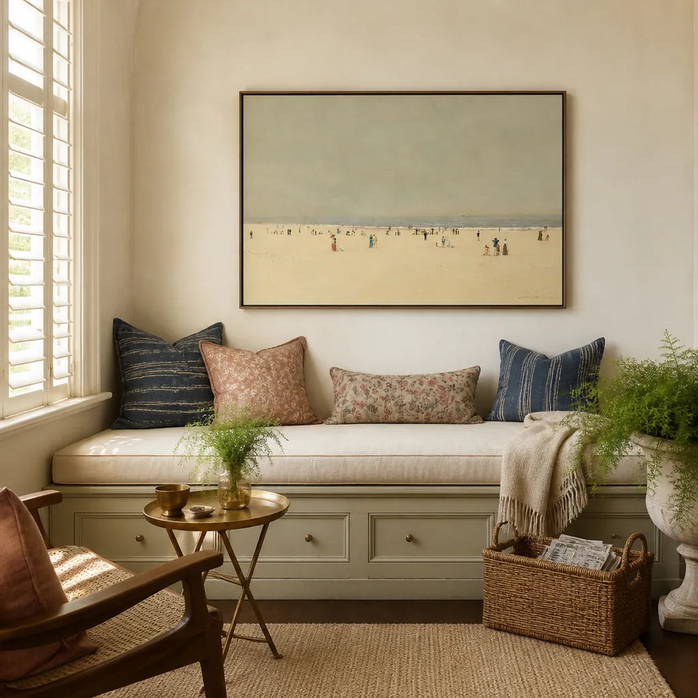 Room mockup featuring Seaside Serenity Scattered Figures on Pale Sand Art Print