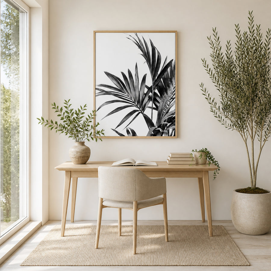 Palm Leaves in Monochrome Photography Print 1 in a room setting