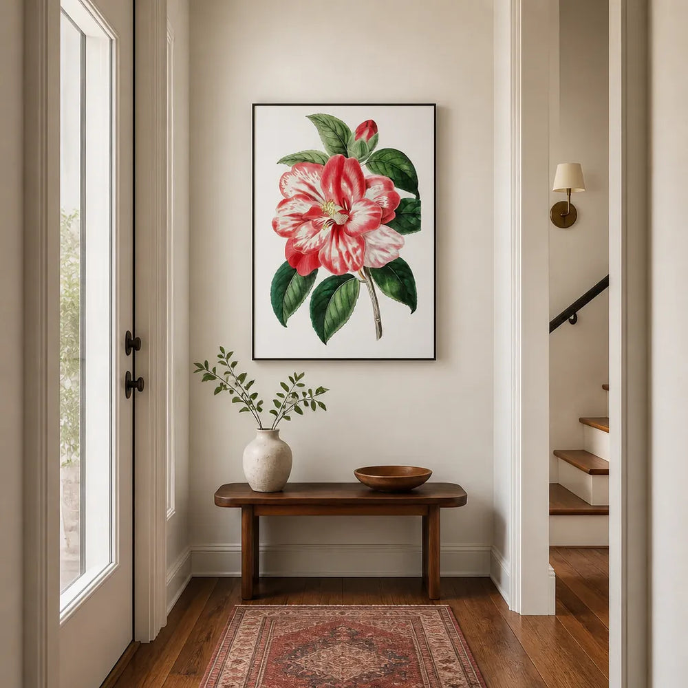 Room mockup featuring Crimson Brushstroke Camellia Vintage Floral Art Print