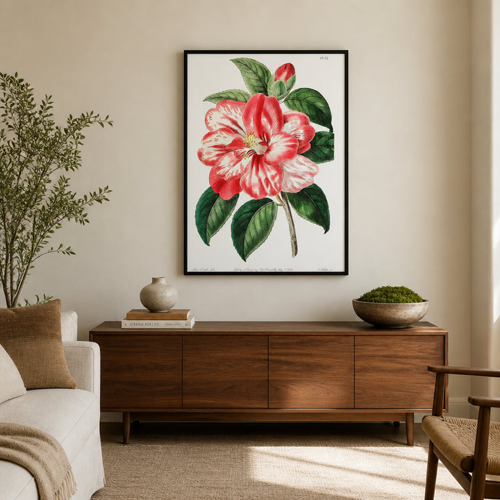 Room mockup featuring Crimson Brushstroke Camellia Vintage Floral Art Print