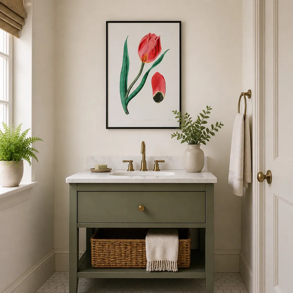 Room mockup featuring Crimson Whisper Vintage Tulip Art Print