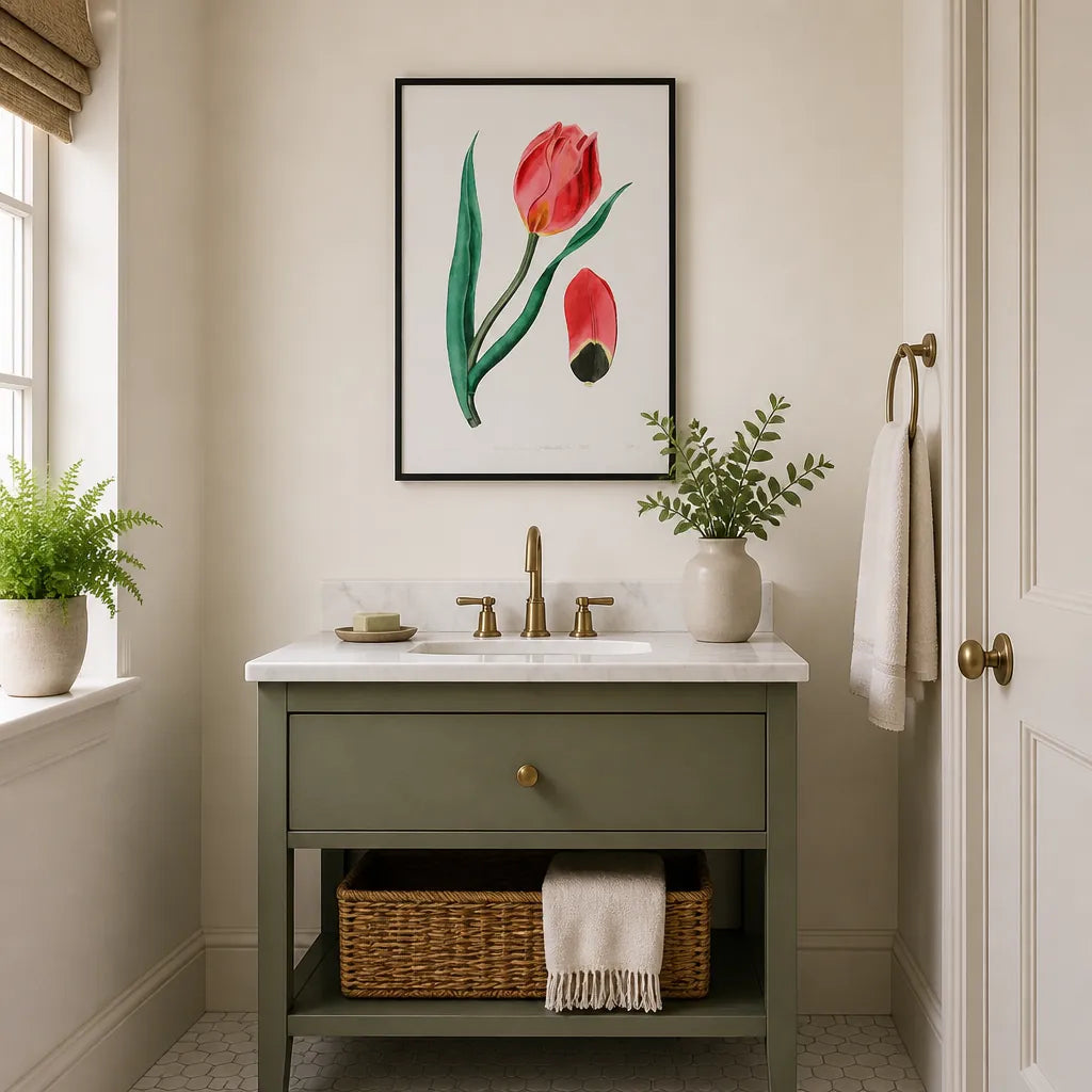 Room mockup featuring Crimson Whisper Vintage Tulip Art Print